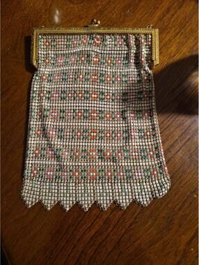 Antique Whiting & Davis Green & Pink Geometric Art Deco Enameled Mesh Purse